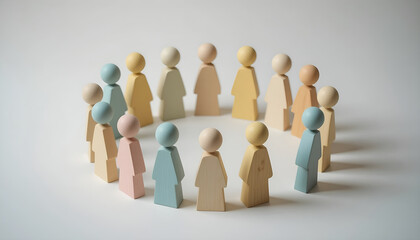 Diversity and inclusion community concept with colorful wooden figures in a circle for corporate teamwork and support group website banner