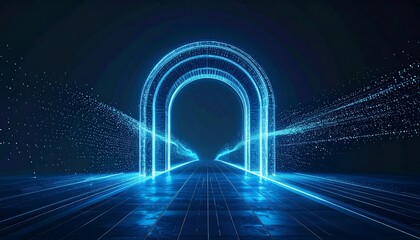 Futuristic portal with glowing blue neon lights and digital data streams.