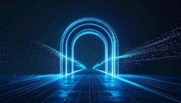 Futuristic portal with glowing blue neon lights and digital data streams. - Powered by Adobe