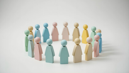 Diversity and social inclusion concept with colorful wooden figures in a circle for corporate teamwork and human resources website banner