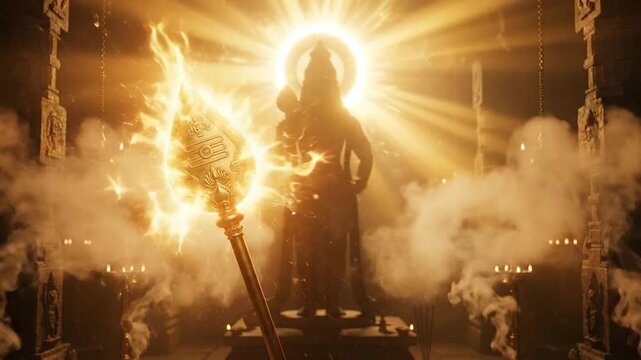 Lord murugan is depicted with the fiery vel in a dramatic digital illustration, radiating golden light inside a sacred hindu temple for thaipoosam.
