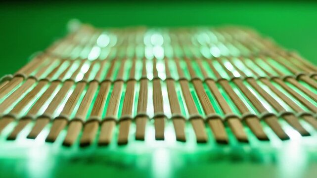 A close-up view of a grid-like structure composed of numerous gold-colored, cylindrical objects arranged in a neat pattern on a green surface