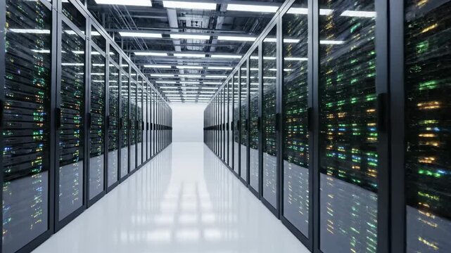 A long, brightly lit server room corridor with rows of computer servers on both sides, lit by overhead lights, with cables and data transmission activity