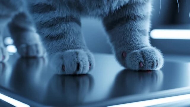 Close-up of a cat's paws on a reflective surface, soft fur detail.