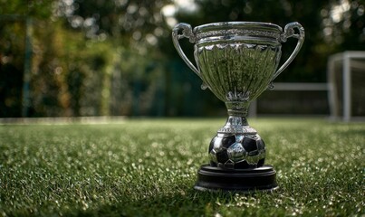 Shiny Soccer Trophy on Grass Field for Tournament Presentation in Studio Setup