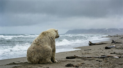 Lonely Polar Bear Looking Toward the Sea Horizon