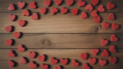 Scattered red hearts on rustic wooden background