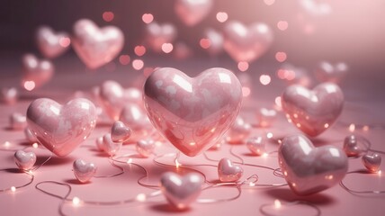 Romantic hearts glowing in soft pink light