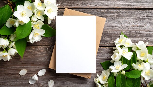 Overhead shot of a blank white card, nestled with a brown envelope, and surrounded by jasmine blossoms on a wooden surface