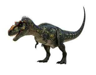 A fierce dinosaur illustration against a black background. It has green, black, and orange skin with sharp teeth, and a powerful stance