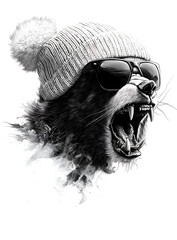 Angry bear wearing beanie and sunglasses, showcasing fierce expression and detailed features. striking black and white illustration