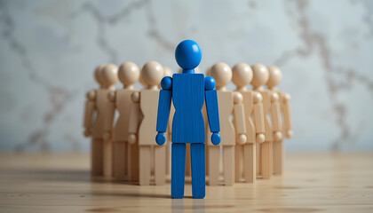 Executive leadership and team management concept with blue figure leading wooden group for corporate recruitment presentation slide
