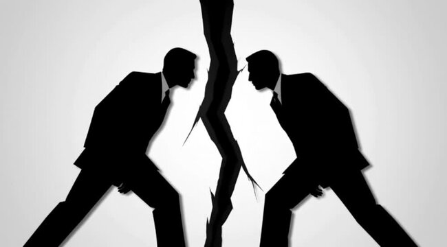 Silhouettes of two businessmen in conflict, symbolizing disagreement and a broken relationship