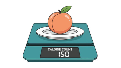 A single peach sits on a digital scale displaying a calorie count of 150, illustrating a concept of healthy eating and portion control