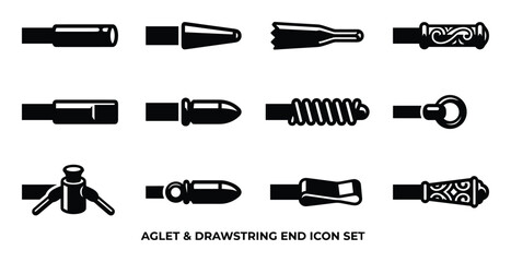 Aglet and Drawstring End Icon Set: Variety of Cord End Designs