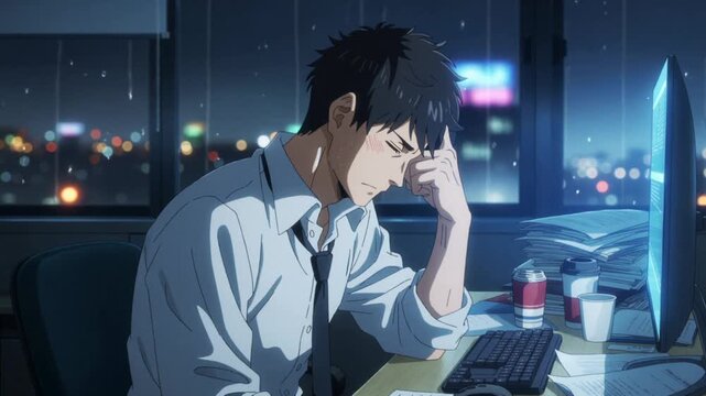 Employ&eacute; fatigu&eacute; au bureau la nuit &ndash; anime