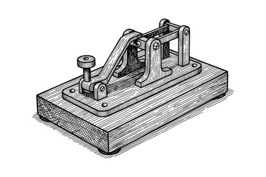 Antique Morse code telegraph key machine illustration, vintage style on wood base.