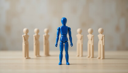 Exceptional leadership and individuality concept with blue wooden figure standing out from crowd for corporate recruitment website banner