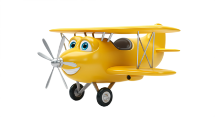 A cheerful yellow cartoon biplane with a smiling face and blue eyes, ready for adventure