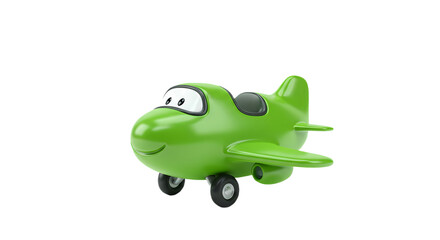 Cute green toy airplane with a happy face, a charming 3d illustration for kids and animation