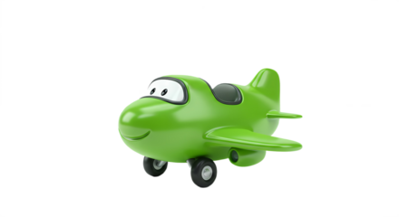 Cute green toy airplane with a happy face, a charming 3d illustration for kids and animation