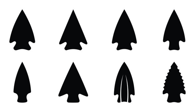 Arrowheads vector silhouettes set, ancient weapon design elements