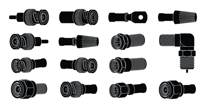 Assorted black and white connector types vector illustration set