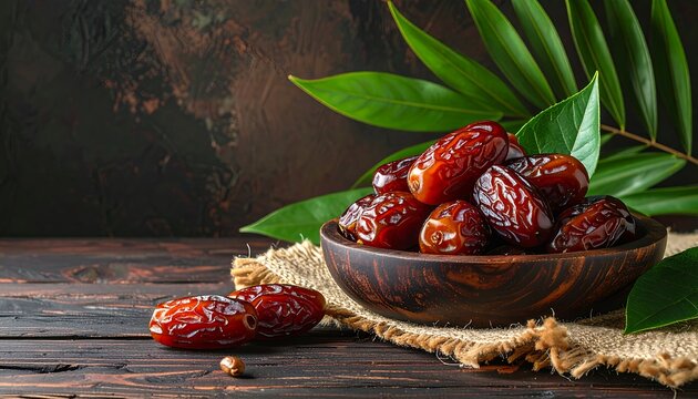 Dates in a Bowl with Green Leaves on Wooden Table.