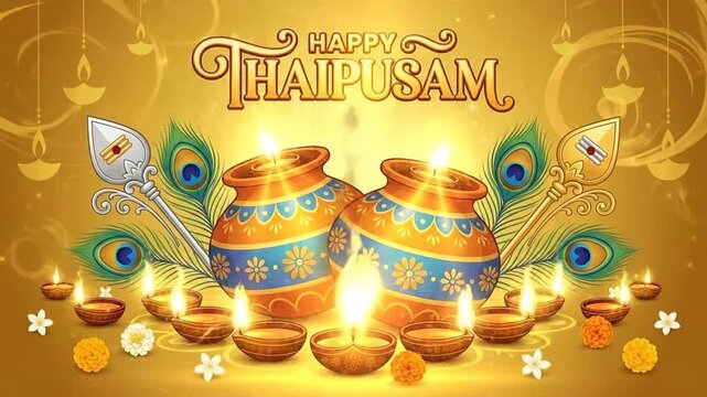 Festive golden illustration of thaipusam, showing glowing oil lamps, peacock feathers, and sacred kalash pots.