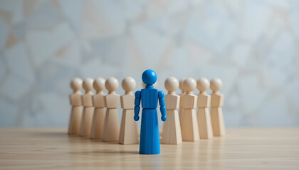 Unique leadership and competitive advantage concept with blue figure standing out from wooden crowd for corporate branding website banner