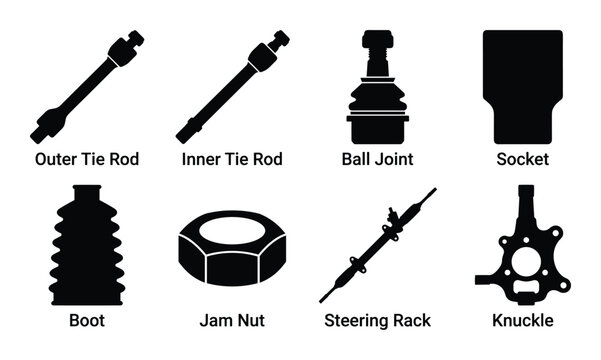 Automotive suspension parts: Outer tie rod, inner tie rod, ball joint, boot, steering rack, jam nut and knuckle