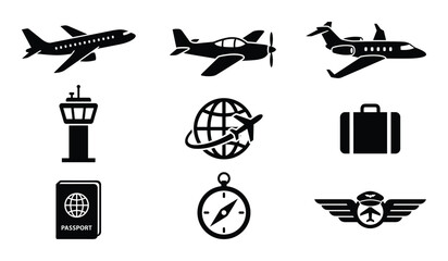 Aviation Travel Icons Set: Planes, Tower, Globe, Luggage, Passport, Compass, and Pilot Wings in Black Silhouette