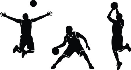 Basketball player silhouettes set, featuring athletic men dribbling, jumping for rebounds, and shooting hoops, perfect for sports competition graphics and fitness projects. © SreeShontusChandra