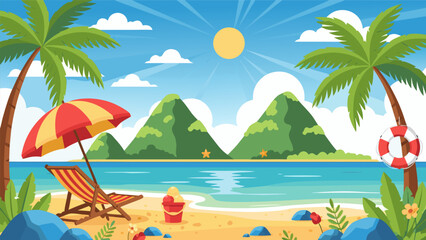 Obraz premium Beautiful beach scene vector illustration with palm trees, beach chair, and umbrella on a sunny day
