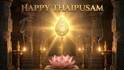 Golden vel of murugan glowing dramatically above a lotus, celebrating thaipusam in a spiritual temple setting.