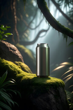 Reflective soda can on mossy rock in lush jungle environment reflective can