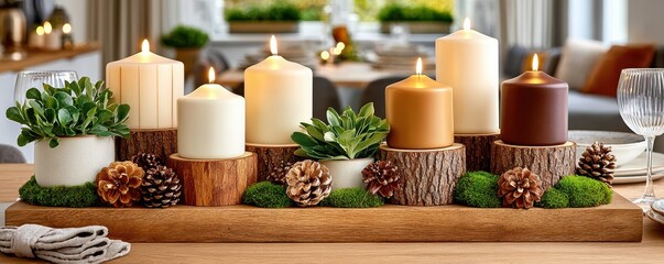 Christmas candles centerpiece with pine cones, greenery, and warm glow for festive home decor