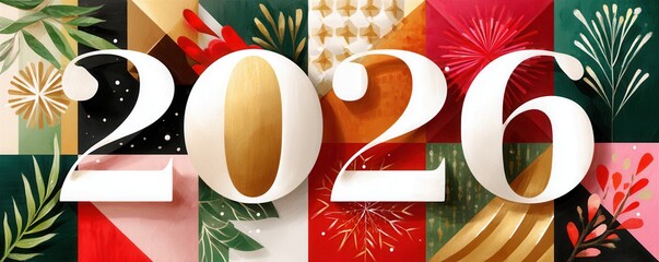 Abstract colorful fruit collage with geometric shapes and the number 2025 for vibrant colorful design