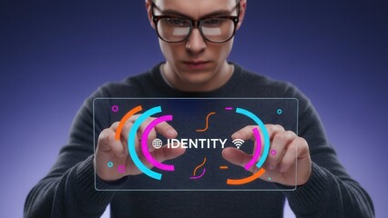 Young man interacting with a holographic interface to manage digital identity and secure online