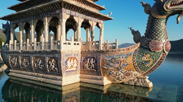 A serene ornate boat with a covered upper deck featuring columns and decorative railings floats on calm water, showcasing intricate carvings and colorful tile work under a clear blue sky