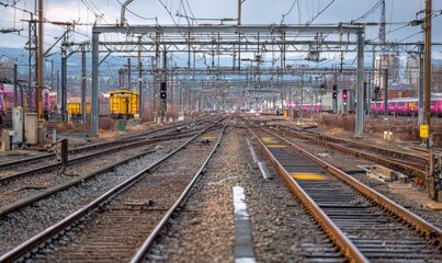Obraz premium Extensive Railway Tracks and Infrastructure with Overhead Power Lines and Signals
