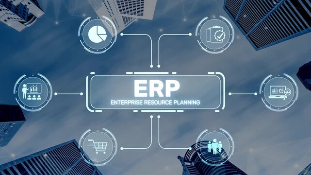 ERP platform visual showing centralized system for enterprise resource planning, improving integration, data flow, business efficiency, finance, inventory, and human resources. Muxer