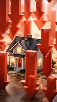 Real estate investment mortgage crisis concept house falling red arrow symbol market decline financial risk loan stress housing debt price drop market risk financial stress and housing loan challenge