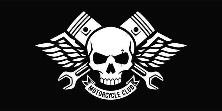 Vintage motorcycle club logo featuring a skull with engine pistons, wrenches, and eagle wings. Black and white vector illustration for biker apparel and badge design.