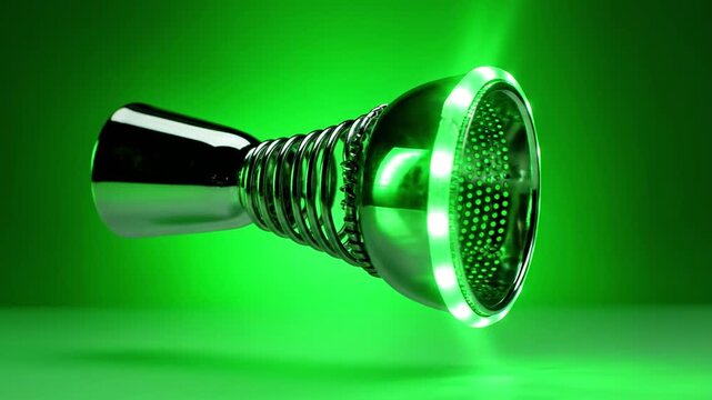 A metallic object with a mesh interior and green glow