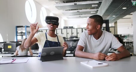 Two young adults interacting with a tablet and virtual reality headset in a modern office setting with a collaborative mood. - Powered by Adobe