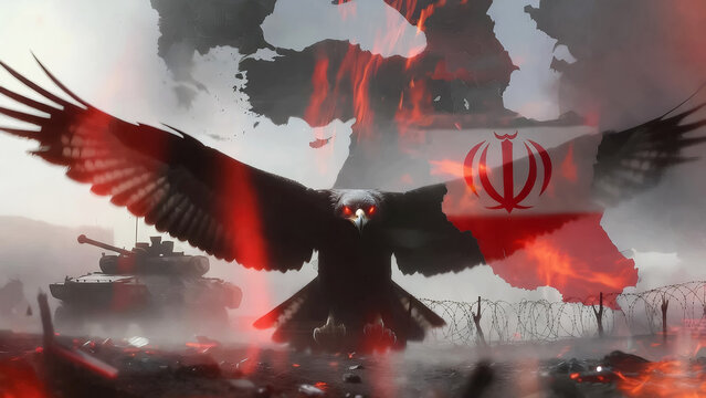 dark silhouette of an eagle with red eyes over iran map and flag with military tanks