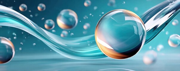 Abstract blue shield inside a glass orb with flowing ribbons symbolizes protection and technology