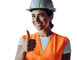 Smiling female worker in orange safety vest and grey hard hat, giving a thumbs up gesture to camera, symbolizing, isolated on white background