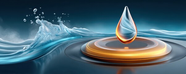 Abstract glowing water drop over a power button symbol with blue and orange rings